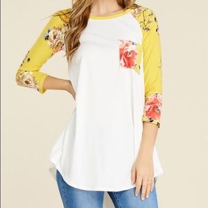 3/4 sleeve ivory/yellow floral raglan t shirt